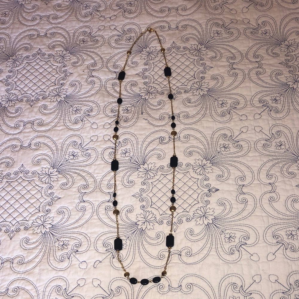 Gold Chain Long Necklace with Black Bead Accents